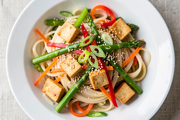 Makaron ryżowy z wiosennymi warzywami i tofu (wegański)