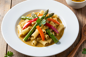 Pasta in curry sauce with spring vegetables