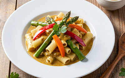 Pasta in curry sauce with spring vegetables