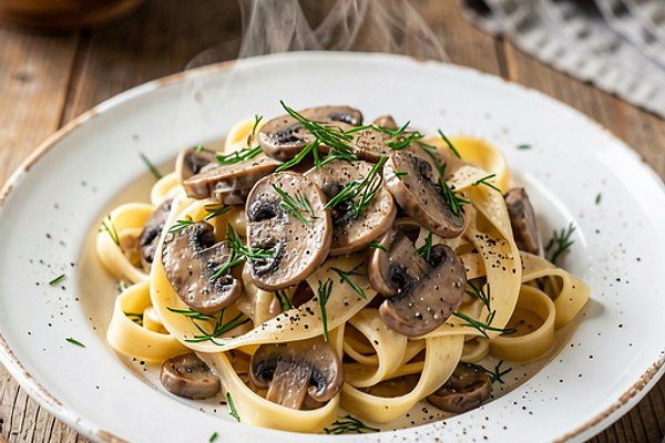 Makaron jajeczny z sosem grzybowym i koperkiem