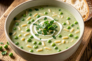 Pasta soup with green peas