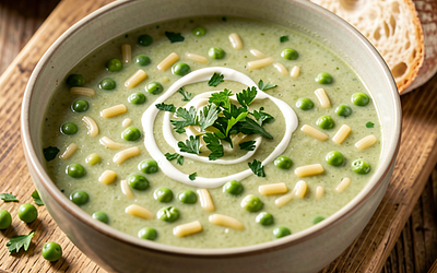 Pasta soup with green peas