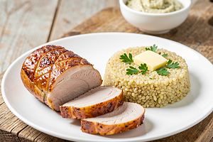 Marinated pork loin in a spring marinade with bulgur