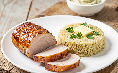 Marinated pork loin in a spring marinade with bulgur