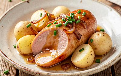 Baked white sausage in beer with young potatoes