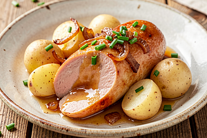 Baked white sausage in beer with young potatoes