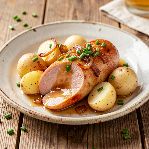 Biała kiełbasa pieczona w piwie z młodymi ziemniakami