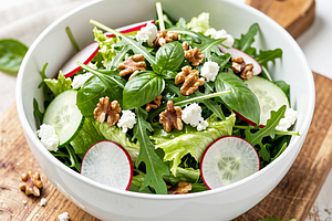 Green salad with basil and feta cheese
