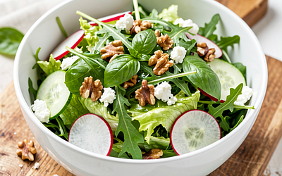 Green salad with basil and feta cheese