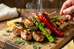 Grilled Pork Neck Skewers with Young Asparagus and Bell Pepper