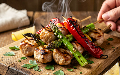 Grilled Pork Neck Skewers with Young Asparagus and Bell Pepper