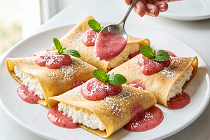 Pancakes with cheese and rhubarb-strawberry compote