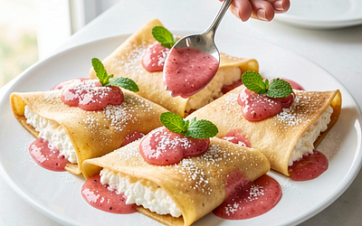 Pancakes with cheese and rhubarb-strawberry compote