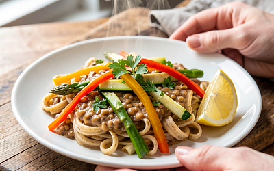 Pasta with lentils and spring vegetables (vegan version)