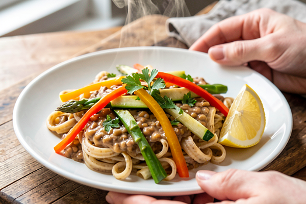 Pasta with lentils and spring vegetables (vegan version)