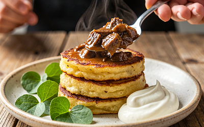 Potato pancakes with pork goulash and sorrel (modern version)
