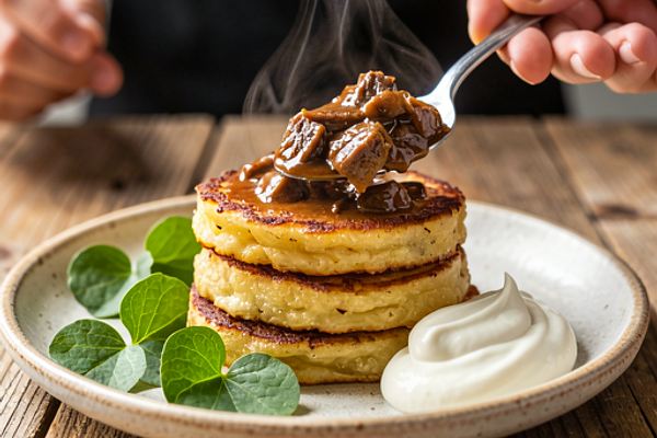 Potato pancakes with pork goulash and sorrel (modern version)