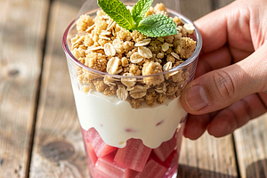 Layered dessert with rhubarb and cream with oat crumble