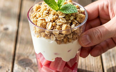Layered dessert with rhubarb and cream with oat crumble