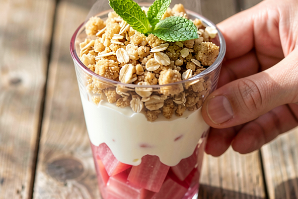Layered dessert with rhubarb and cream with oat crumble