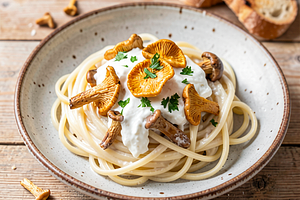 Pasta with chanterelles and white cheese
