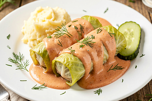 Traditional cabbage rolls with meat and rice in tomato and cream sauce