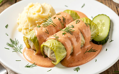Traditional cabbage rolls with meat and rice in tomato and cream sauce