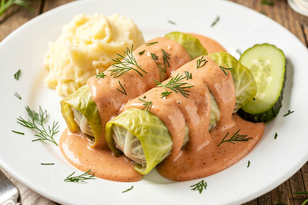 Traditional cabbage rolls with meat and rice in tomato and cream sauce