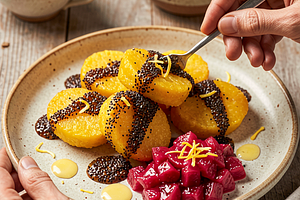 Noodles with poppy seeds and a rhubarb twist