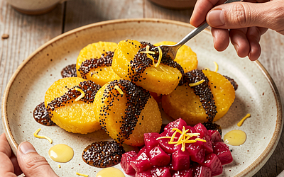Noodles with poppy seeds and a rhubarb twist