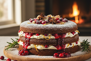 Spiced Gingerbread Cake with Cranberry Fruit Spread and Mascarpone Cream