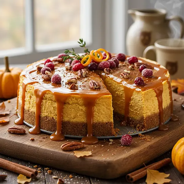 Autumn Pumpkin Cheesecake on a Spiced Crust with Maple Glaze